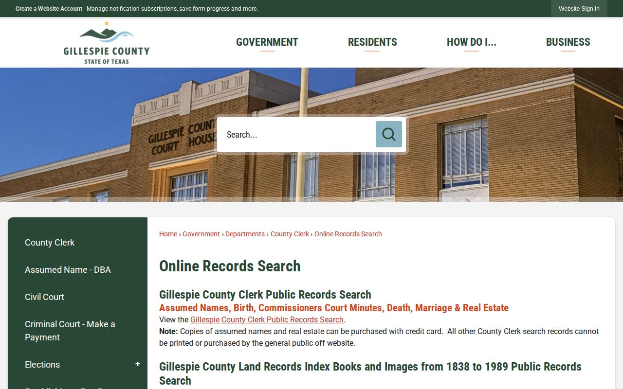 Gillespie County online records directory showing criminal jail and jail bonds searches