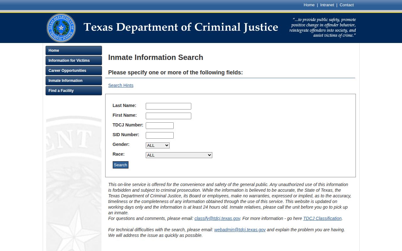 TDCJ inmate search fields and current prisoner data warning