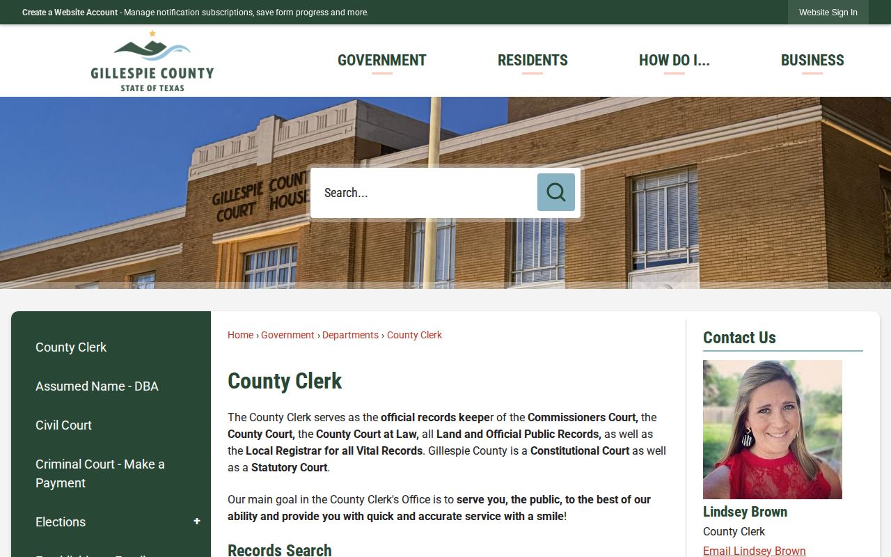 Gillespie County Clerk page explaining public criminal record searches