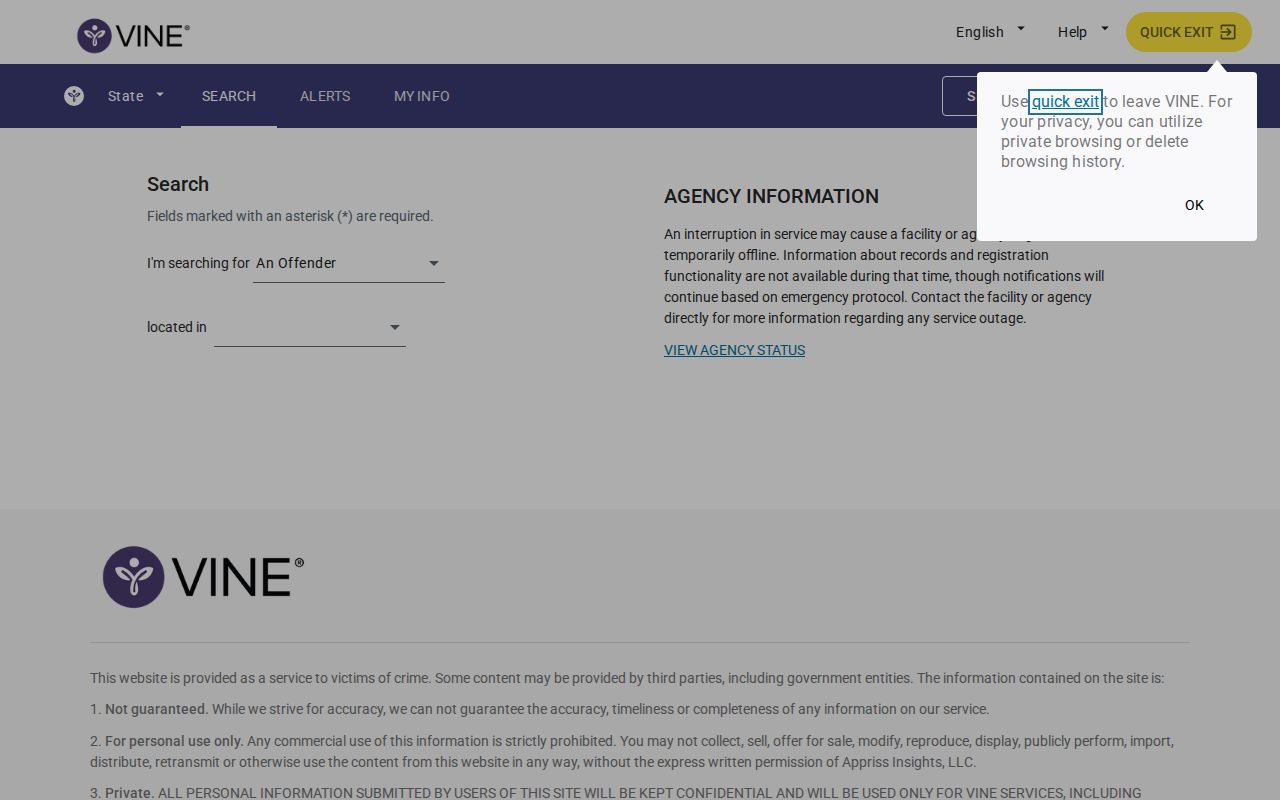 Texas VINELink search page for a specific custody record