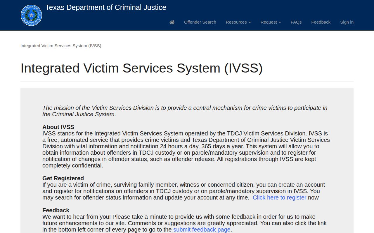 TDCJ IVSS entry for state prison and parole notifications